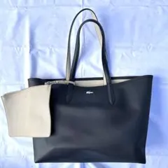 【美品】ラコステANNA リバーシブルトート ポーチ付 A4可ブラック ベージュ