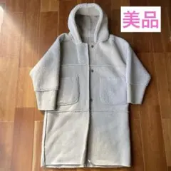 美品] パシオーネのフード付き ホワイト&グレーのチェック柄ロング 