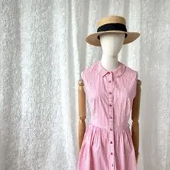 ピンクストライプ　ワンピース ノースリーブ 前開き　フレアスカート　M相当