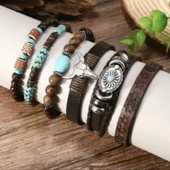 インディアンジュエリー風 6個セット ターコイズ アメカジ ナバホ レザー調