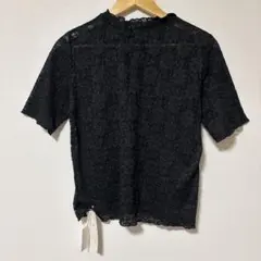 タグ付　総レース トップス ブラック 半袖 シースルー ハイネック 重ね着