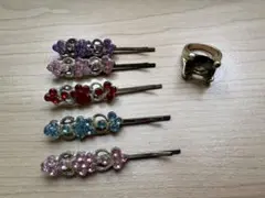 カラフル フラワーヘアピン 5本セット　オマケのリング付