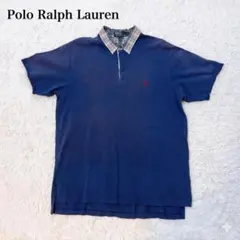 90s Polo Ralph Lauren L ポロシャツ チェック襟切替 紺