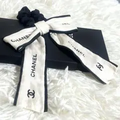 希少　CHANEL シャネル　ヘアゴム　シュシュ　リボン　ココマーク　エクリュ