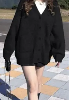 GRL Vネックシャギーニットオーバーカーディガン ［ブラック］