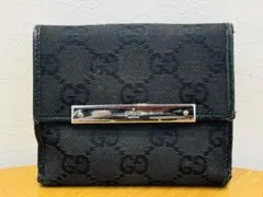 ◆ GUCCI グッチ GG柄 二つ折り財布 ブラック ロゴプレートUSED品◆