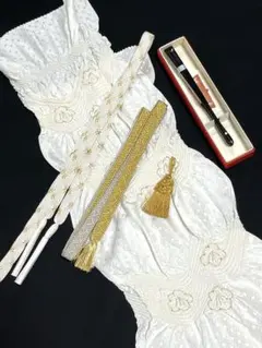 O-71 正絹　帯揚げ・帯締めセット 格子文様に金彩絞り　冠婚葬祭