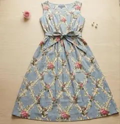 LAURA ASHLEY 花柄 ノースリーブ ワンピース 7 ベルト