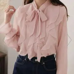 【美品】Girly Doll シアーフリルブラウス ピンク S フェミニン