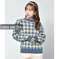 k0166 ems excite チェック柄ニットプルオーバー　ダークグリーン