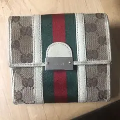 GUCCI 二つ折り財布 シェリーライン GGキャンバス レザー Wホック