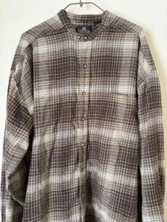 古着 ネルシャツ ブラウン オンブレチェックシャツ ノーカラー 襟なし