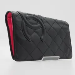 CHANEL シャネル カンボンライン 二つ折り長財布 黒×ピンク