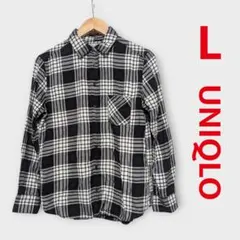 ユニクロ フランネルチェックシャツ 長袖 黒×白 レディース 綿100%