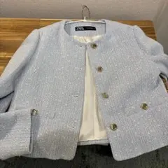 【韓国系】ZARA 水色 ノーカラージャケット ツイードジャケット XS