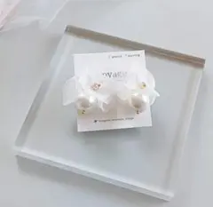 【再販】シフォン パール ピアス イヤリング ブライダル ホワイト ハンドメイド