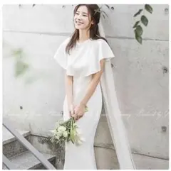 ウェディングドレス 二次会 前撮り ロングドレス フリル袖 S クリーニング済み