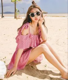 お値下げ★OSYAREVO ストライプオフショルビキニ 水着 セットアップ