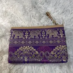 【新品・未使用】タイ お土産 象柄 刺繍ポーチ 小物入れ エキゾチック 紫