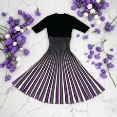 FRAY I.D ニット ロングワンピース プリーツ フレア パープル 黒 F