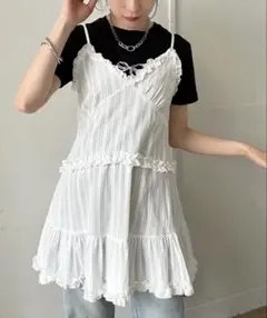 Jewelobe フリル×コットンストライプビスチェディテールキャミチュニック