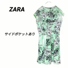 1694T○ザラ　ノースリーブワンピース　ミニ丈　フレア　トロピカル柄　グリーン