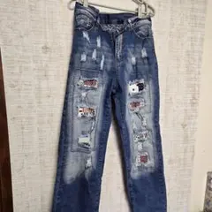 ダメージ加工パッチワークデニムパンツ