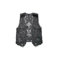 7BS1レース編み　デザインベスト　黒　透かし模様　個性的　古着used