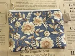 インド刺繍リボンミニポーチ グレイッシュブルー