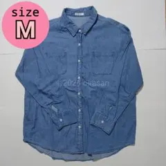 【中古T-21】レディースM/長袖シャツ/ダンガリーシャツ/デニムシャツ/青のサムネイル