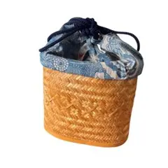 新品 竹製かごバッグ 青色　ベージュ　おしゃれ　小さめ　かごバッグ