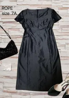 レディース フォーマル ワンピース 半袖 ひざ丈 光沢感 キレイめ 黒 7A