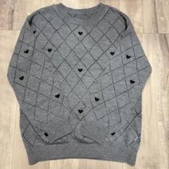 GRL 透かしダイヤ柄ハート刺繍ニットトップス