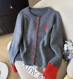 新品！グレーと赤のニットカーディガン♡ハートのワンポイント付き