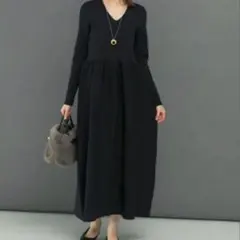 アーバンリサーチロッソ フォルムシルエットVネックリブワンピース ロング