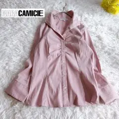 【ナラカミーチェ】ストライプ柄フロントギャザーシャツブラウス ストレッチ ピンク