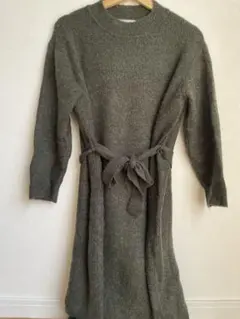 NATURAL BEAUTY BASIC ニットワンピース ウエストリボンカーキ