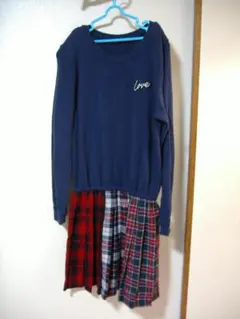 JENNI love　160ｃｍミニ裏毛ワンピースUSED　紺×タータンチェック