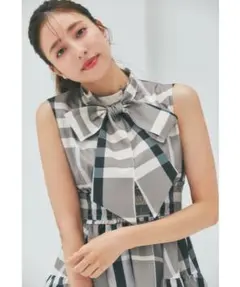 新品＊トッコ　2wayボウタイリボンチェック柄シャーリングティアードワンピース