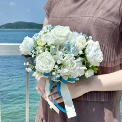 ウェディングブーケ ブートニア ハンドメイド 造花 結婚式 ホワイト ブルー