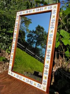 ACTAS スペイン製 バレンシア タイル壁掛け鏡 パイン材 カントリー ミラー ACTAS スペイン製 バレンシア タイル壁掛け鏡 パイン材