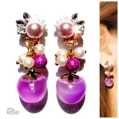 紫 ガラス フルーツ クリスタル パール ビジュー♥イヤリング【No.171】