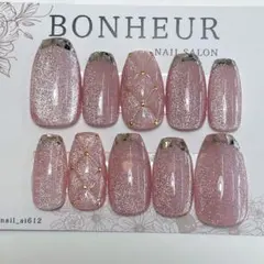 63【現品】ネイルチップ マグネット キルティング ピンク　ガラスフレンチ