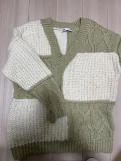 JENNIE着用　ZARA グリーン ホワイト ニットセーター