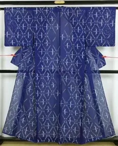 A5 美品 夏物 ライン模様 白色 青色 化繊 小紋 薄物 絽 紗 着物 117