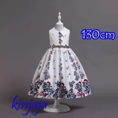 130cmキッズドレス 子供ドレス発表会フォーマル結婚式七五三お誕生日花柄ブルー