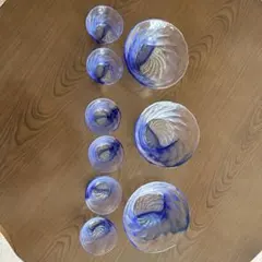 波模様の青と透明ボウル8個セット