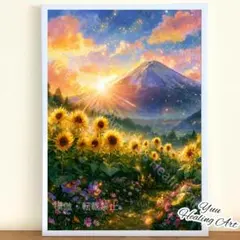 富士山とひまわりNo.32 金運 幸運 希望 風景 開運ヒーリングアート