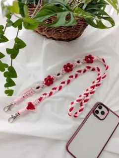 マクラメ編み　お花のスマホショルダーストラップ