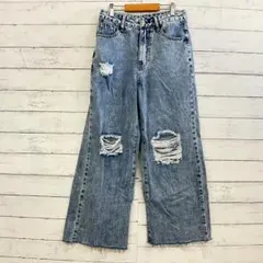 SHEIN ワイド デニム XS ダメージ クラッシュ ハイウエスト 夏 ブルー